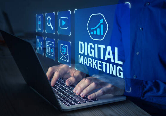 Digital marketing manager working on social media network advertising, online ad on internet website, mobile and email newsletter communication advertisement campaign with SEO, PPC, ROI strategy