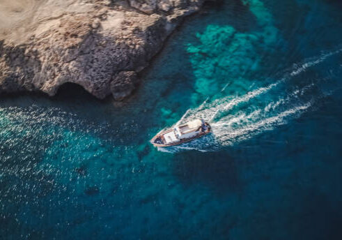 Top view from drone of speed boat in the blue water